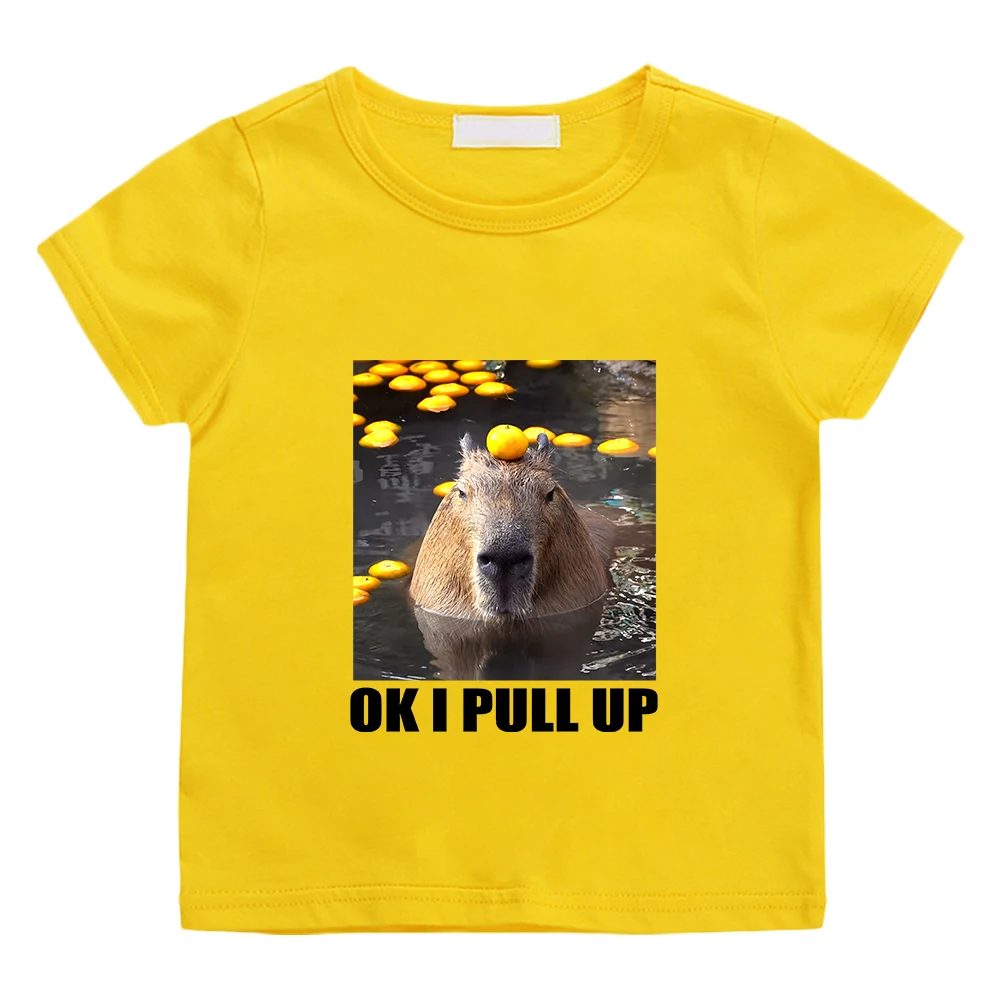 

OK I PULL UP Capybara Cute Print Tee-shirt Short Sleeve 100% Cotton Children T-shirt Kawaii Cartoon Graphic Printing Tshirt Soft