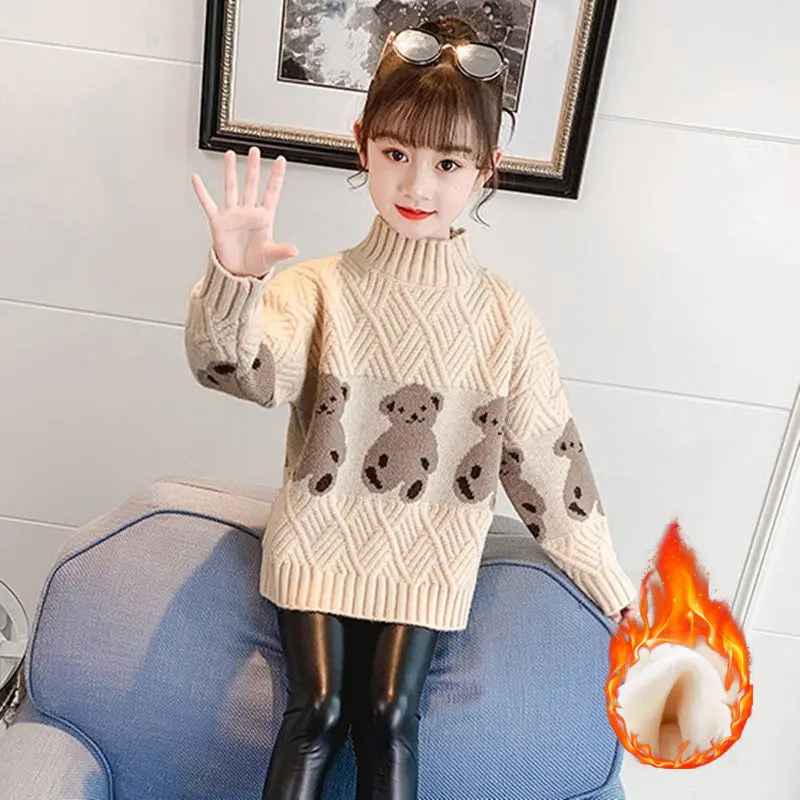 

Children's Sweater Bear Pattern Fleece-Lined Thickened Medium and Big Kids Cute Turtleneck Knitting Pullover Top Autumn Winter