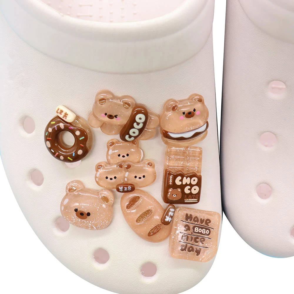 8Pcs Hamburger Bread Bear Resin Have a Nice Day Shoes Charms Lovely Slipper Buckle Decorations Fit Kids Wristband