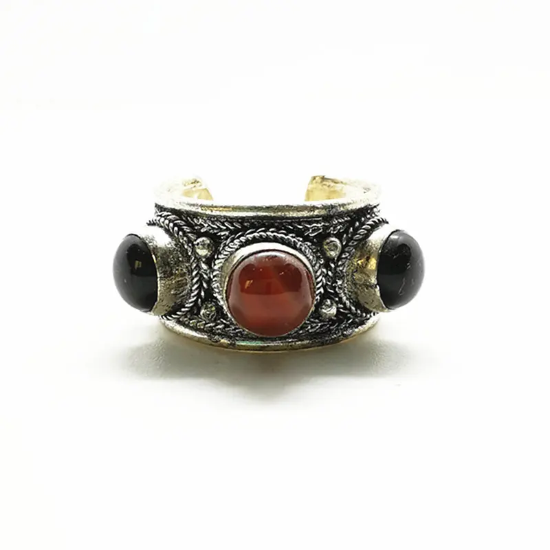 Tibetan Rings Metal Copper Inlaid Natural Stone Beads Open Rings Tiger Eye Lapis Agates R027