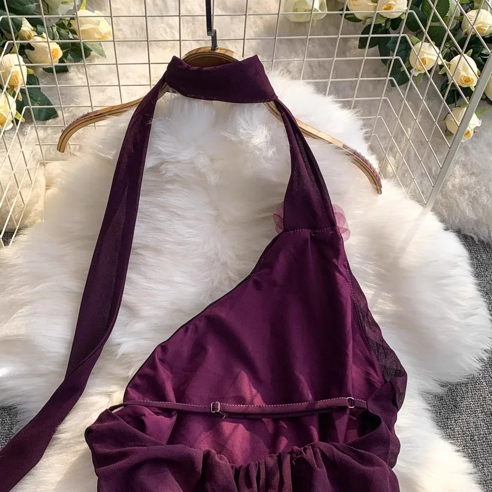 Roxo chiffion vestido feminino halter sem mangas sem costas roupas senhora streetwear elegante vintage em camadas babados roupas senhora