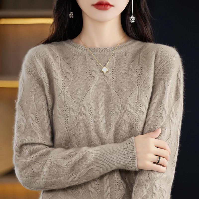 100% Mink Cashmere Sweater Women\'s O-neck Pullover Loose Knitted Underlay Autumn/Winter Long Sleeve Fashion Cashmere Top