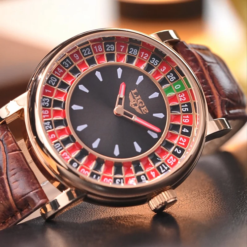 LIGE Orologi al quarzo vintage casual da uomo Cinturino in pelle di moda Tavolo da gioco creativo Roulette Quadrante da gioco Orologio da uomo impermeabile