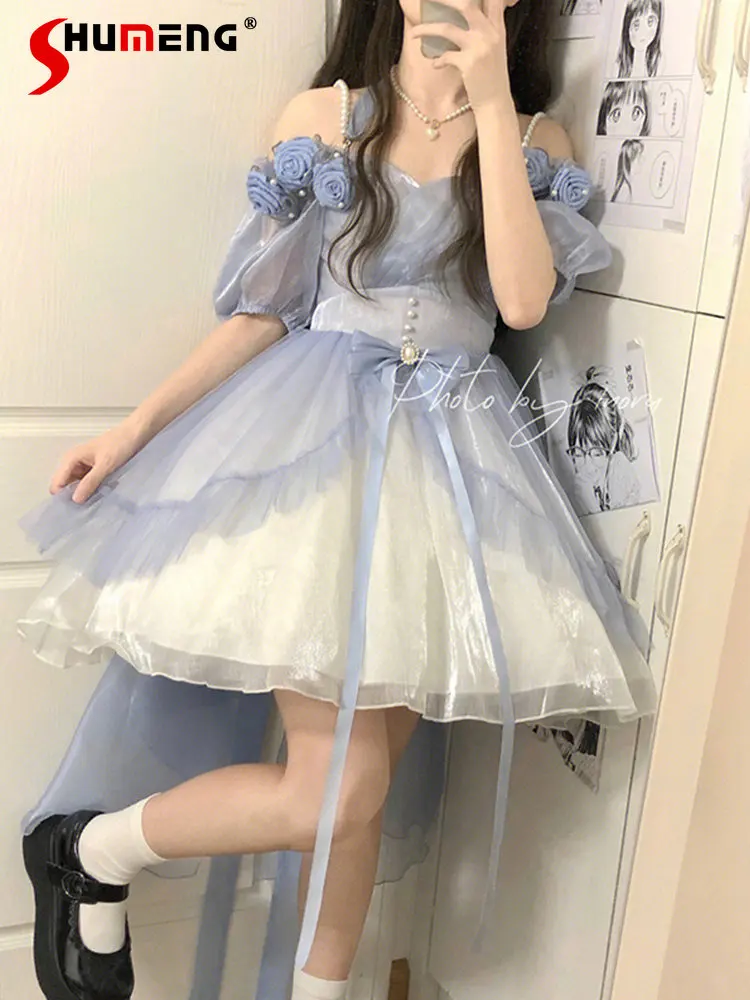 

Elegant Lolita Summer Gradient Blue Dress Ladies 2023 New Fairy Princess Women's Three-Dimensional Rose Flowers Mesh Dresses