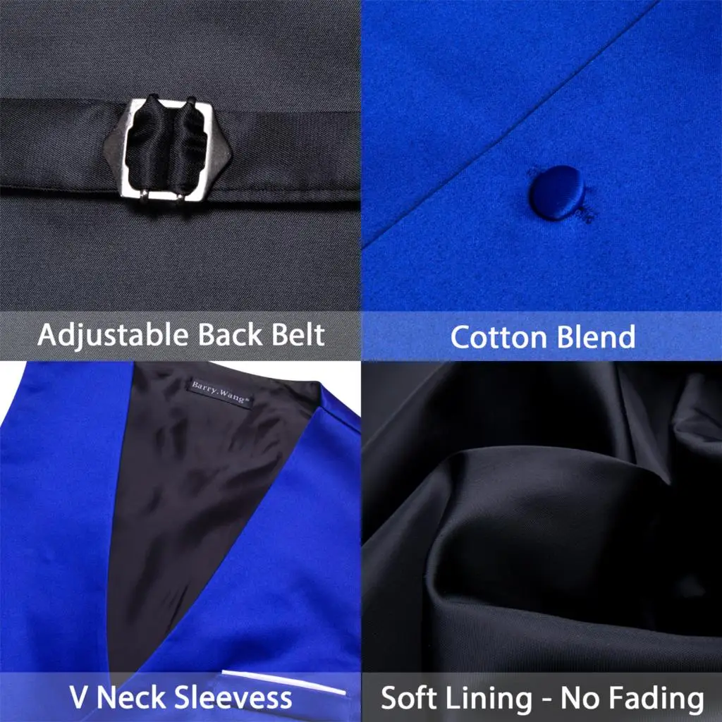 Designer Vest for Men Royal Blue Silk Solid Plain Waistcoat Bowtie Set V Neck Wedding Business Male Sleeveless Jacket Barry Wang