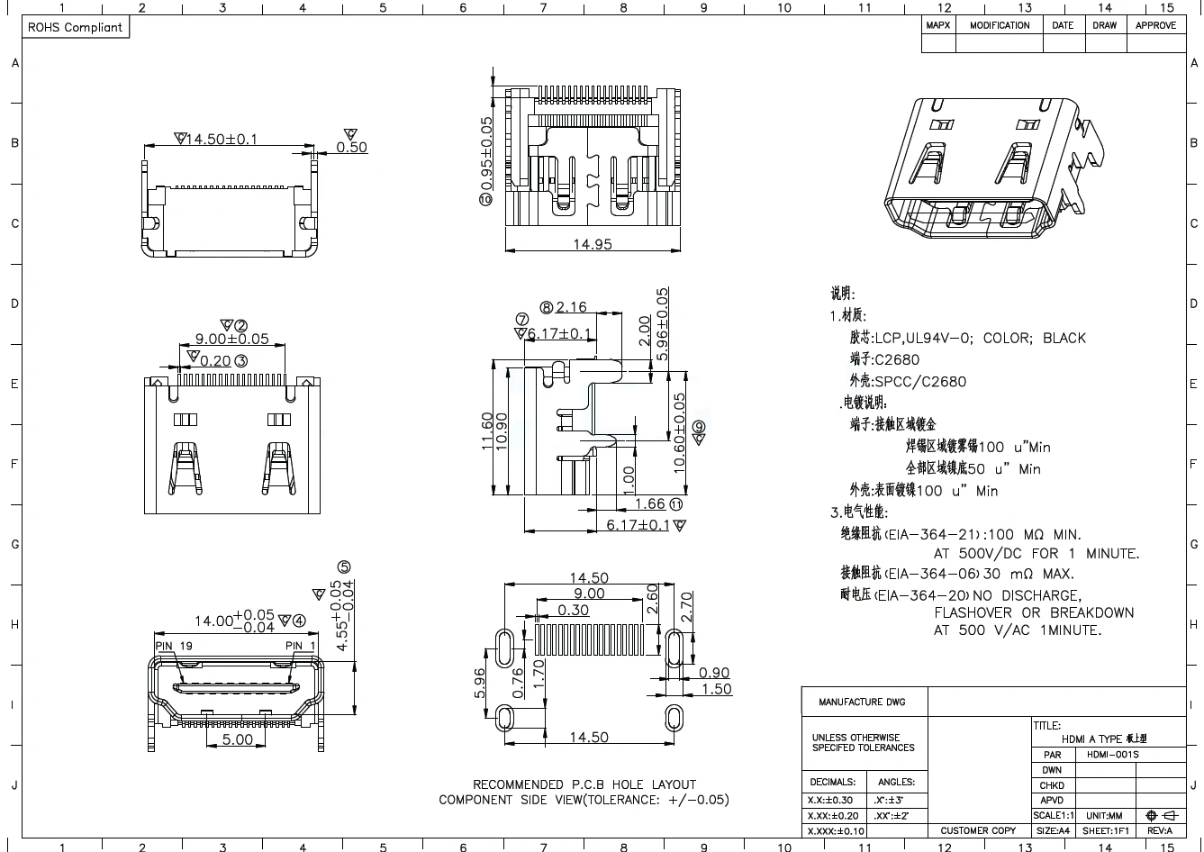 5 PZ/HDMI-001S HDMI-210L HDMI-001C 1747981-1 Connettore HDMI