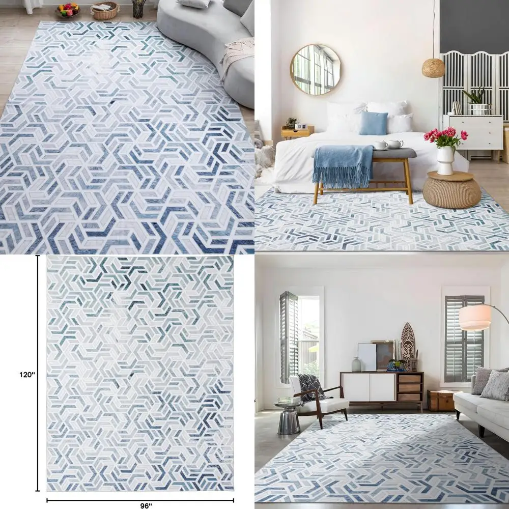 سجادة جلد البقر الصناعي الهندسية الحديثة، 8 × 10 أقدام، سجادة غير قابلة للانزلاق قابلة للغسل في الغسالة لغرفة المعيشة #1