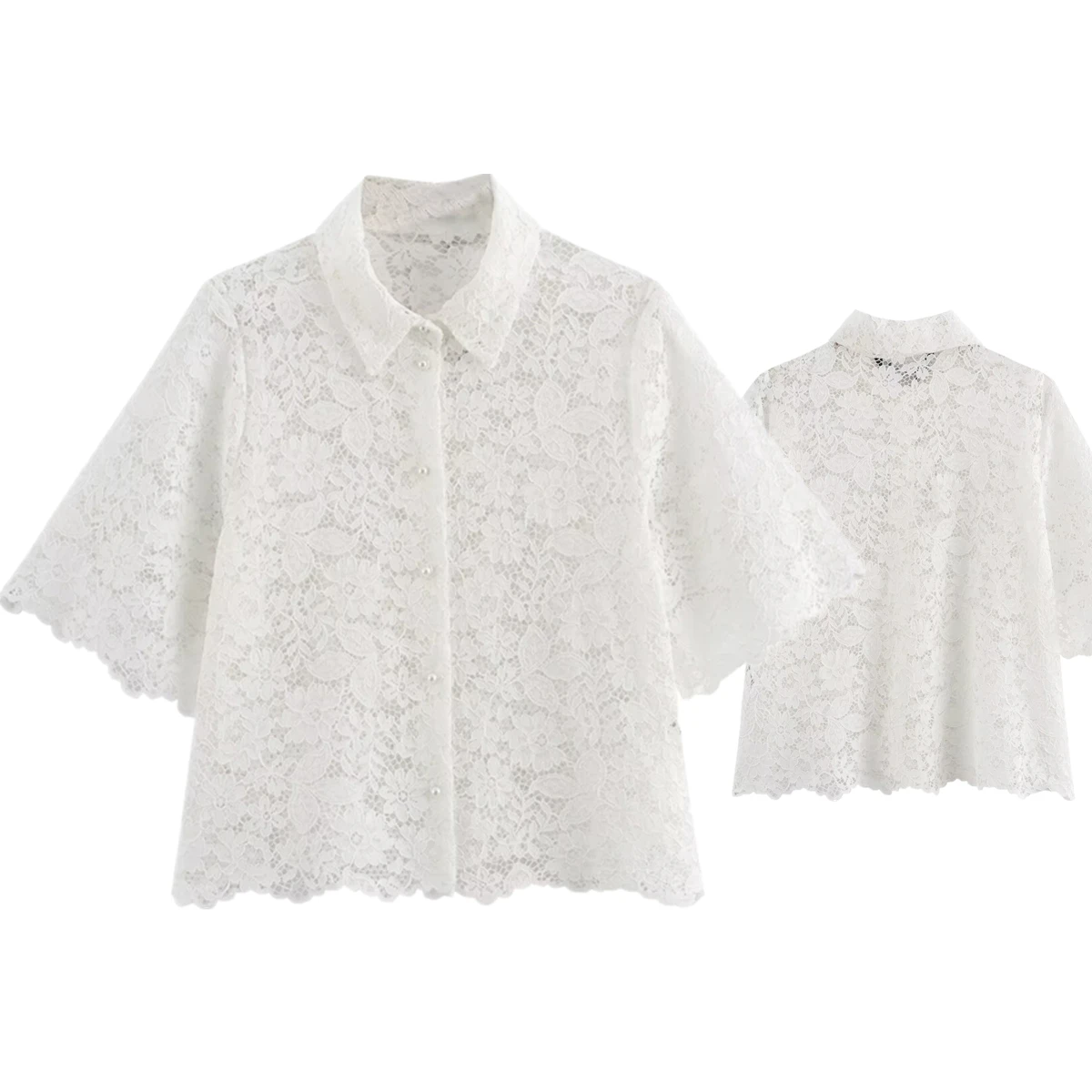 Withered Nordic Minimalist Commuter Lace Shirt Short Sleeved White Shirt Blouse Women Tops Summer Casual Fashion Elegant