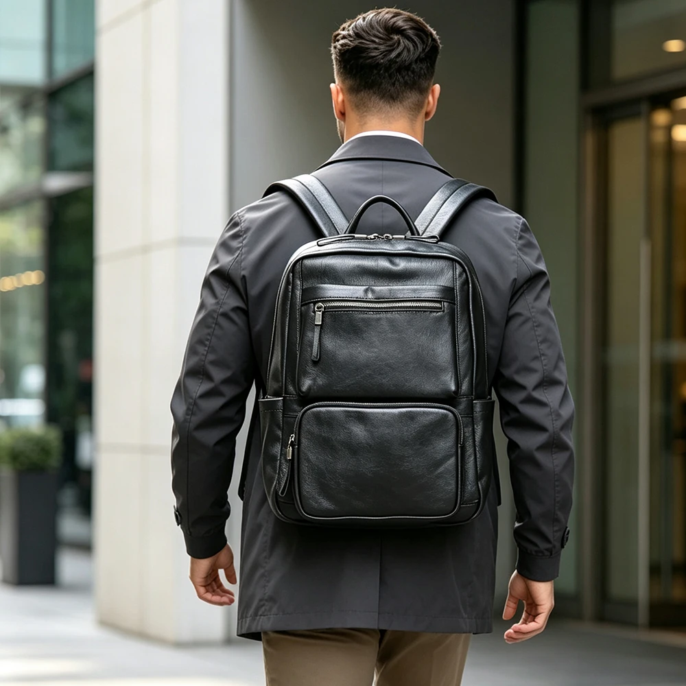 Leather Work Rucksack - Black Genuine Leather Backpack For Men,