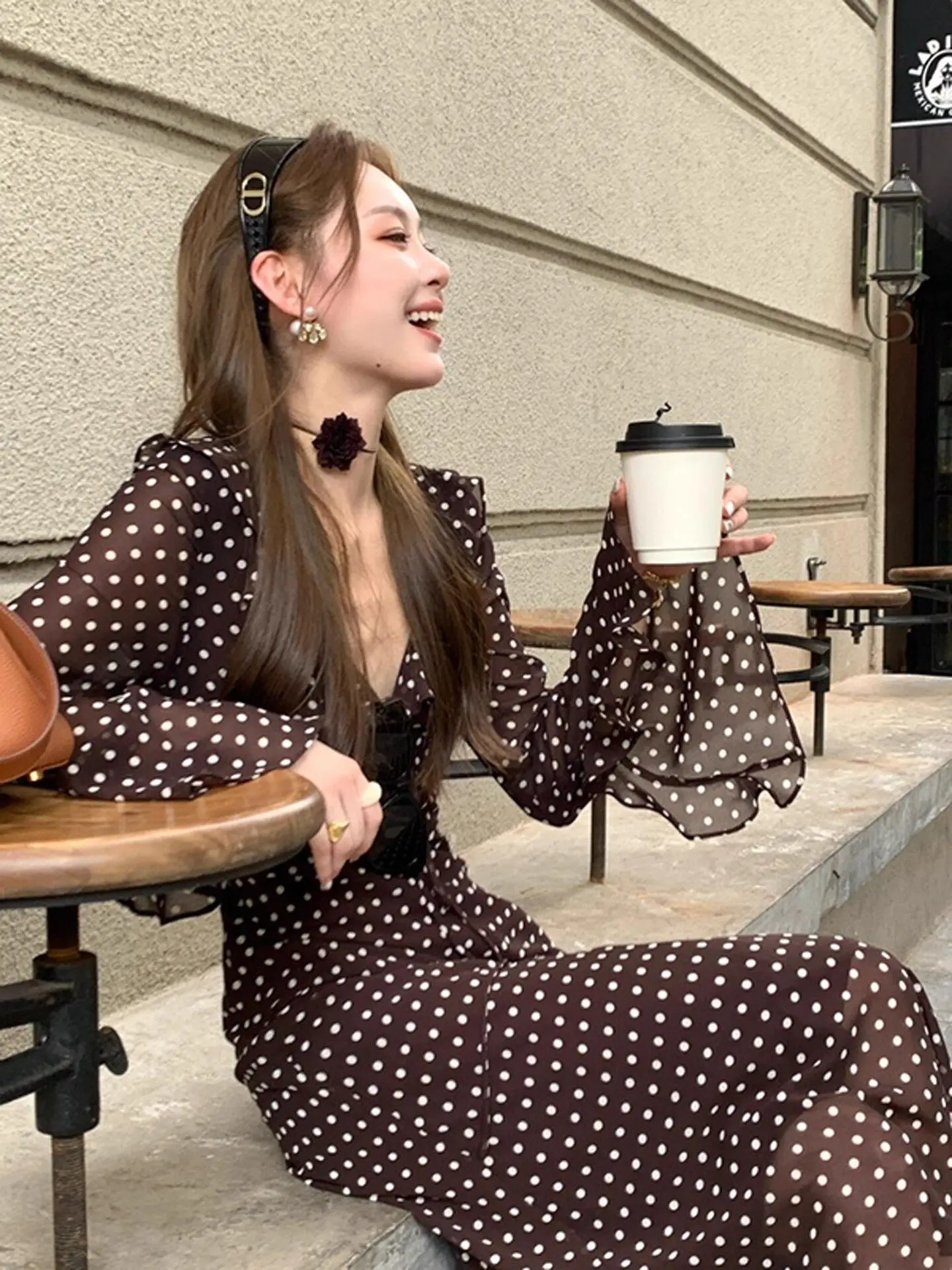 Retro Polka Dot Bell Sleeve V Neck Dress Women's Autumn Spring New High Waist Slimming Skirt Long Sleeve Floor Length Dress