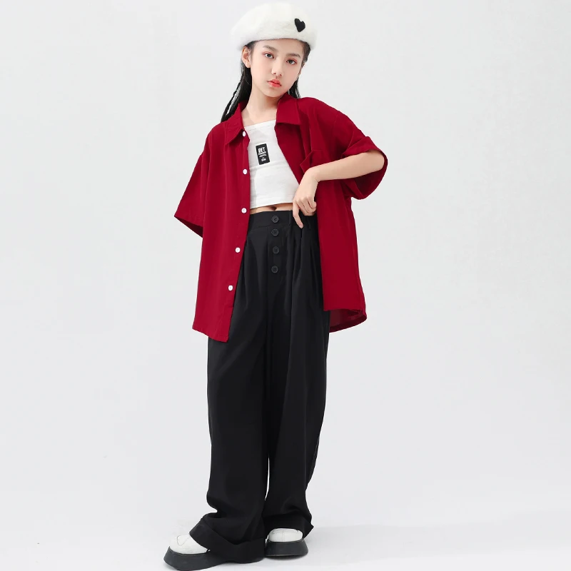 Pantalon baggy pour filles, olympiques de danse jazz, vêtements hip hop pour enfants, chemise rouge pour adolescent, haut précieux, rue décontractée, vêtements rouges