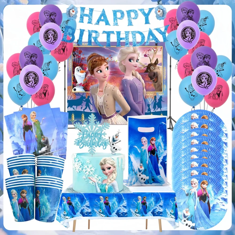 Frozen Theme Party Supplie Wintergeschirr Pappbecher Serviettenteller Banner Elsa Anna Prinzessin Ballon Geburtstag Party Dekor Geschenk