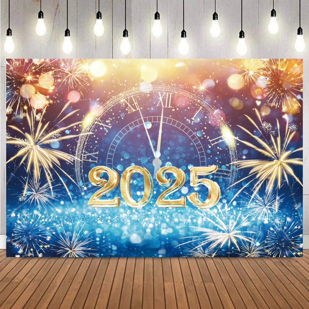 สวัสดีปีใหม่สําหรับ 2025 PARTY ฉากหลังดอกไม้ไฟนาฬิกาแชมเปญทองบอลลูน Home PARTY BANNER Decor การถ่ายภาพพื้นหลัง