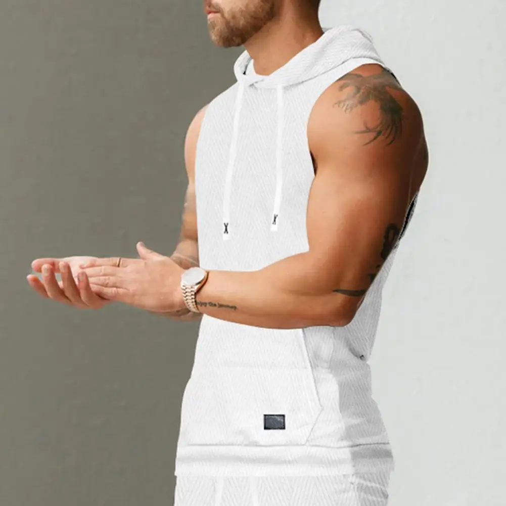 Summer Men Vest Men's Casual Hooded Knitted Vest with Front Pocket Large Pockets Sports Style Sleeveless T-shirt for Fitness