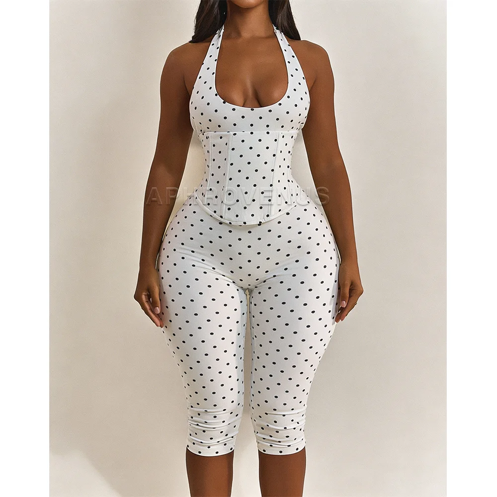 White Black Polka Dot Halter Neck Corset Jumpsuit Lace Up Backless Bodycon Capri Romper High Waist Shapewear Outfits For Party image 3