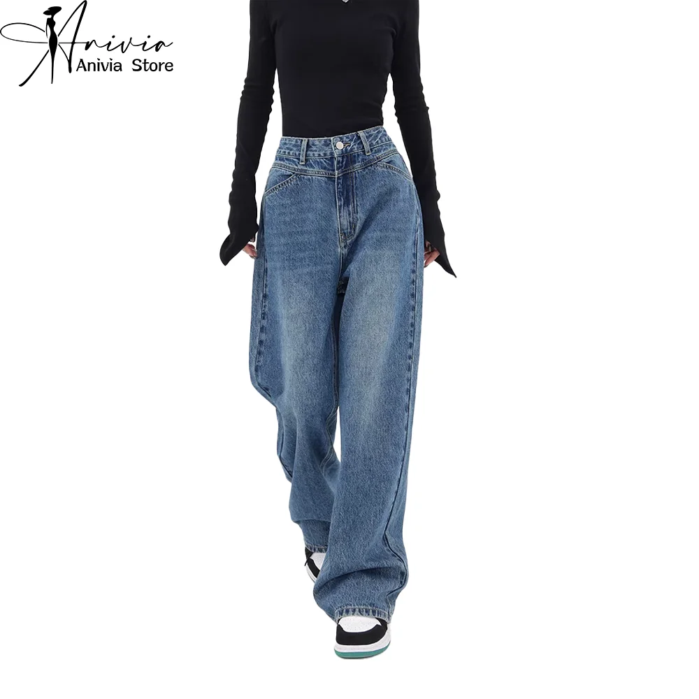 

Harajuku Streetwear Retro Fashion Women High Waist Jeans American Blue Wide Leg Straight Loose Denim Trousers Y2K Baggy Pants