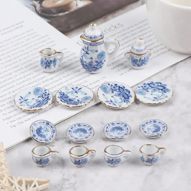 Vajilla en miniatura para casa de muñecas, juego de tazas de té de cerámica de porcelana, modelo, accesorios de cocina para decoración de casa de muñecas, juguetes de regalo, 15 Uds., 1:12