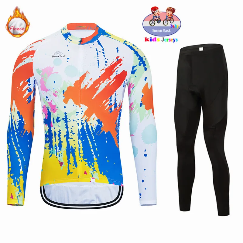 2023 Kids Long Sleeved Winter Thermal Fleece Cycling Jersey Sets Keep Warm Children Balance Bike Clothing Baby Pad Body Suits