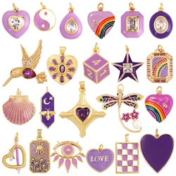 Trendy Purple Series Bird Star Love Heart Charm Pendant,Mixed Style 18K Gold Plated Necklace Bracelet Jewelry Findings Supplie