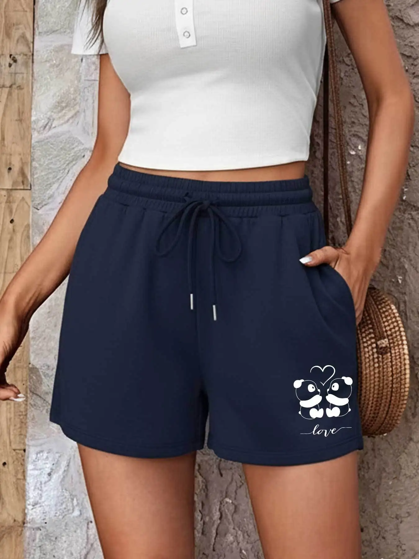 

Panda Letter Design, Printed Pattern, Comfortable Outdoor Versatile, Casual and Loose Summer Women's Shorts
