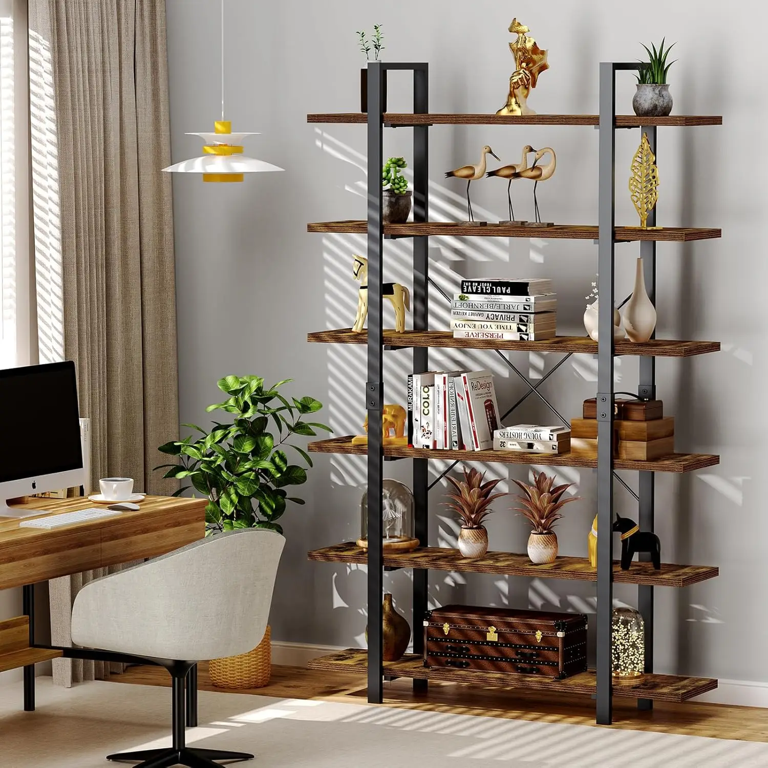 FRAPOW Bookshelf, 6 Tier Book Shelf 83Inch Tall Bookcase, Industrial Large Bookshelves Rustic Book Case with Open Metal