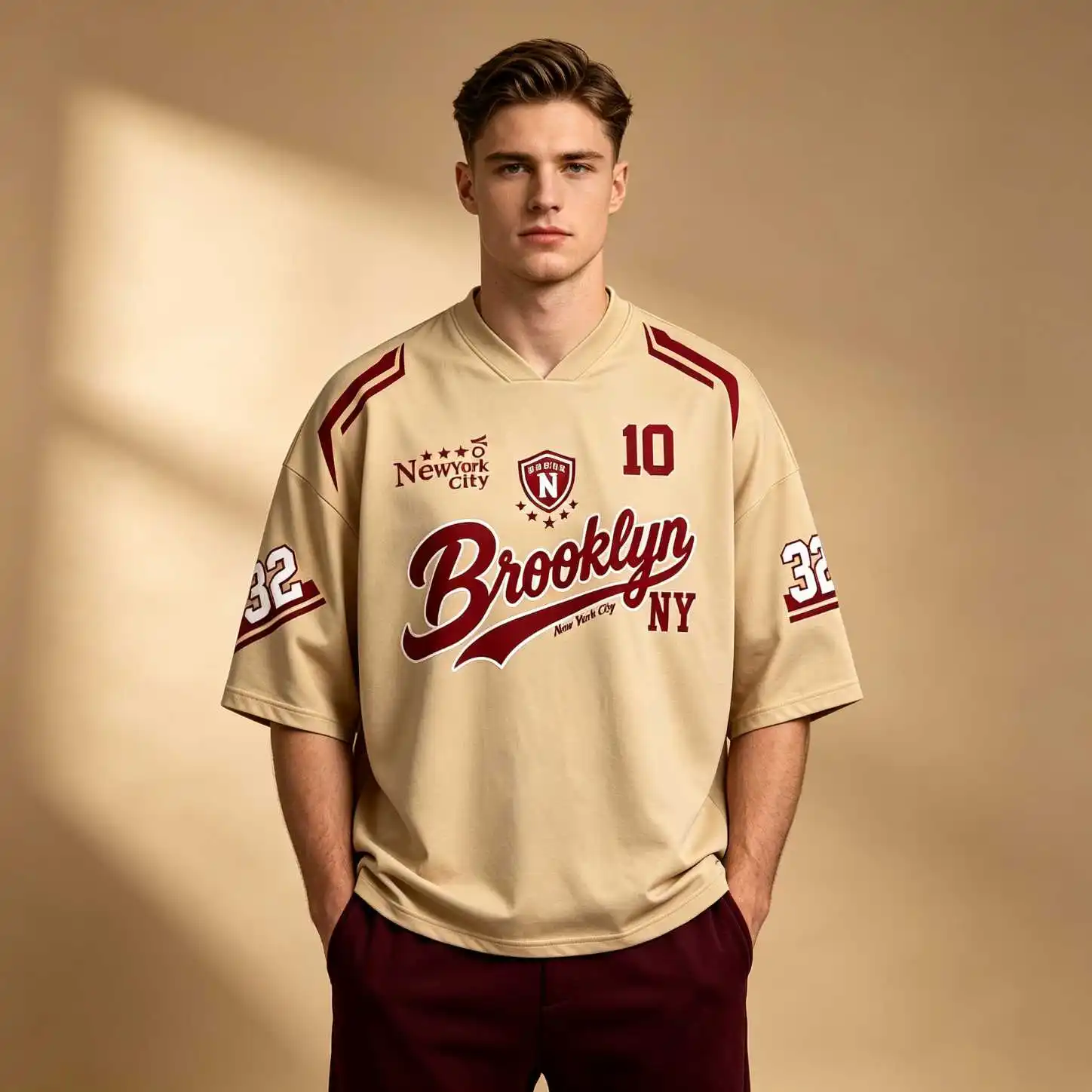 Oversized V Neck Elbow Sleeve Khaki Tee, Men New York Brooklyn City Print Retro Streetwear Summer Casual Loose Fit