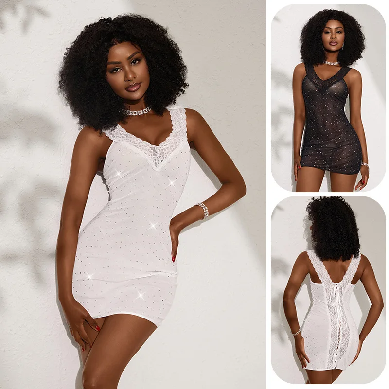 Atmosphere Private House Sequined Mesh Skirt Lace Lace Rear Strap Hollow Slim Sling Home Skirt