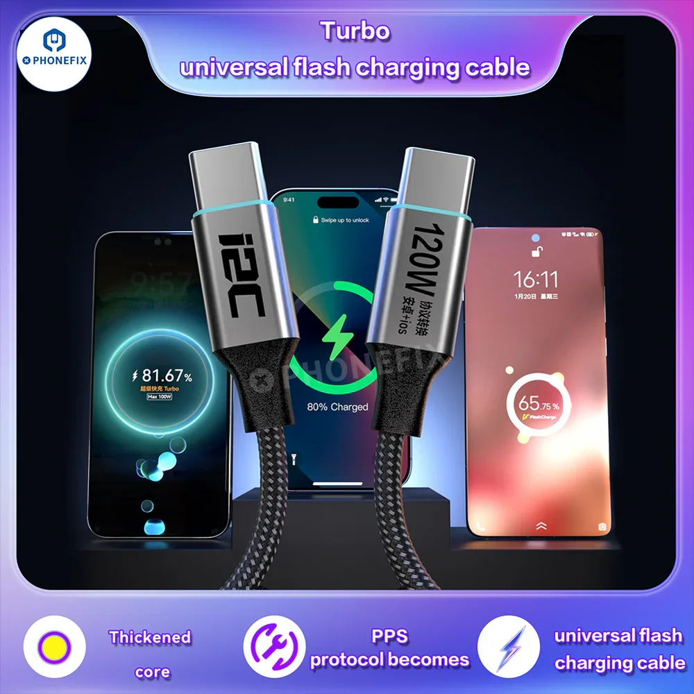 I2C Turbo TU1 TU2 1.2/1.8 Meters 65W 120W High Power Universal Flash Fast Charging Cable for IOS Android Mobile Phones Repair
