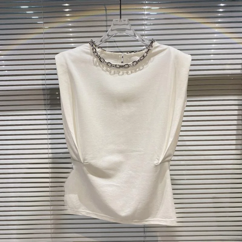   سلسلة معدنية ort Sve تي شيرت نسائي Sle oulder Pad Caixue صيف جديد وصول Faionable جولة Ne الأعلى