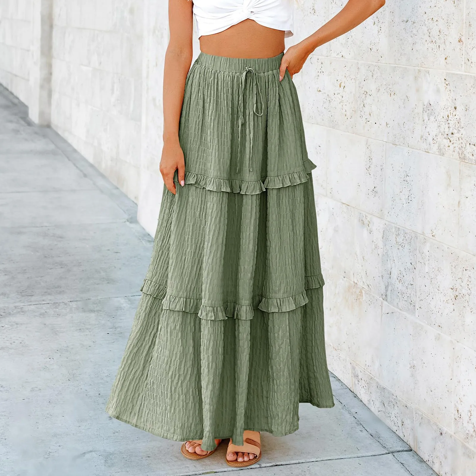 

Commuting A-Line Pleated Skirt Summer Oversized Women's Loose Slimming Half Length Dress New Elegant High Waist Lace-up Wear ﻿