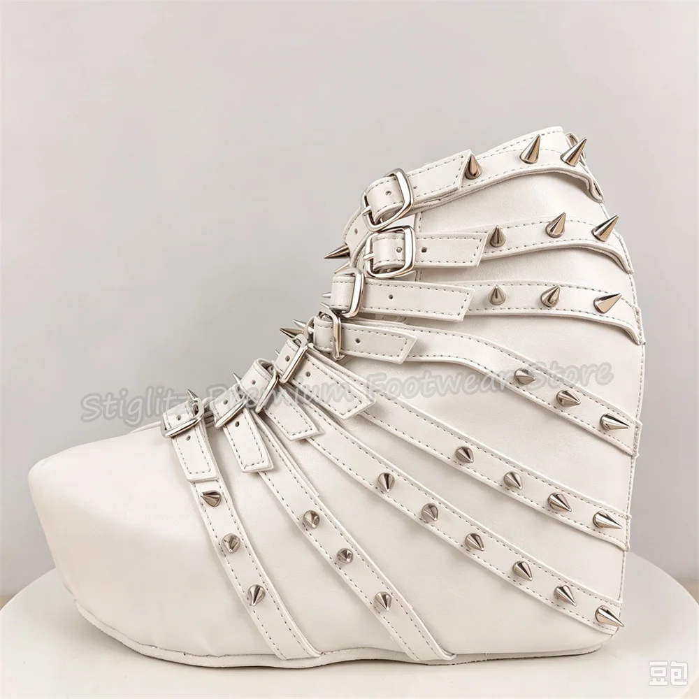 Gothic Punk Rivet Multi Buckle Strap Wedge Ankle Boots Women Platform Heigh Increasing Boots Lady Cosplay Party Dress Shoes