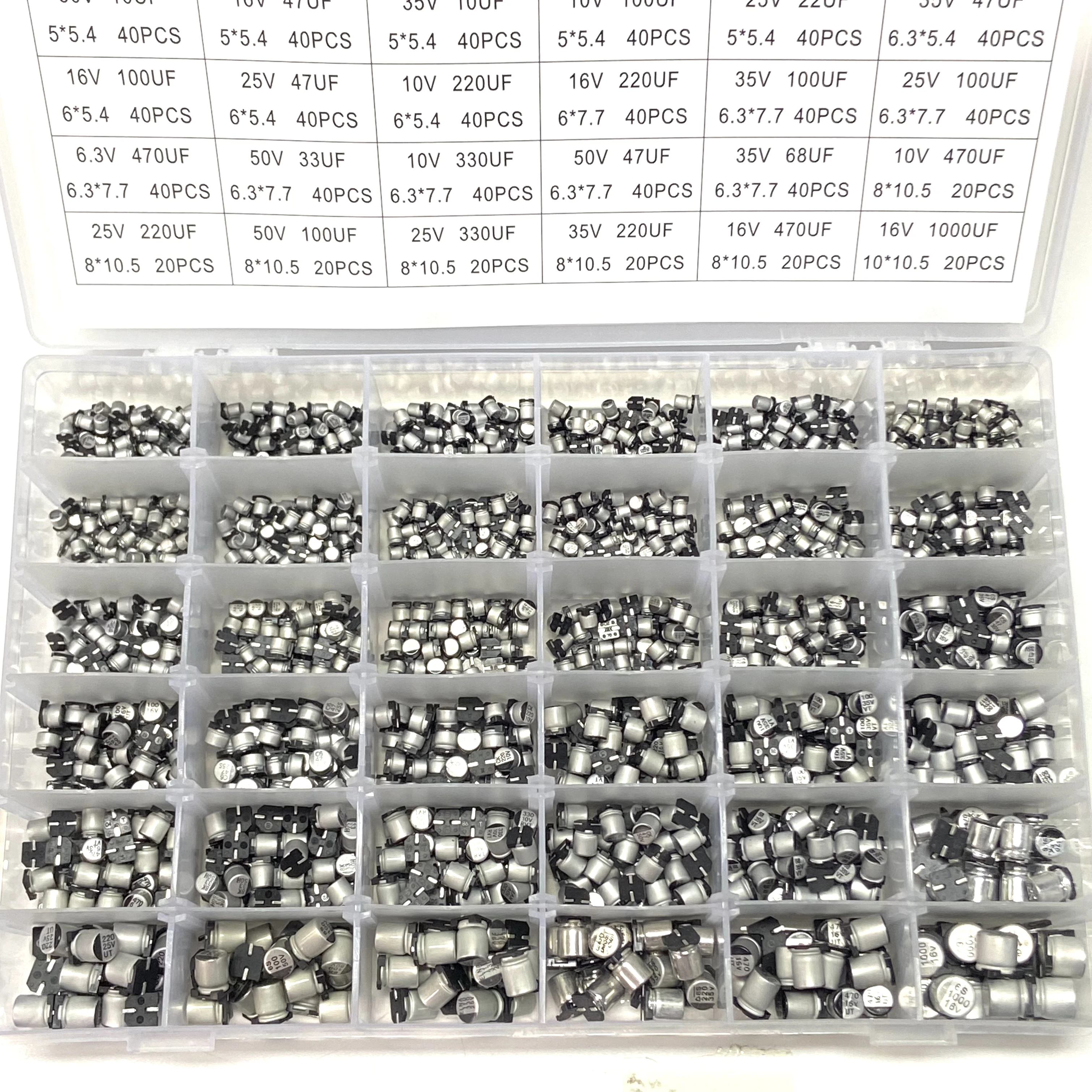 1500 szt. SMD Chip aluminiowe kondensatory elektrolityczne pudełko na próbki 36 wartości Chip aluminiowe kondensatory elektrolityczne 1UF ~ 1000UF 4V-60V