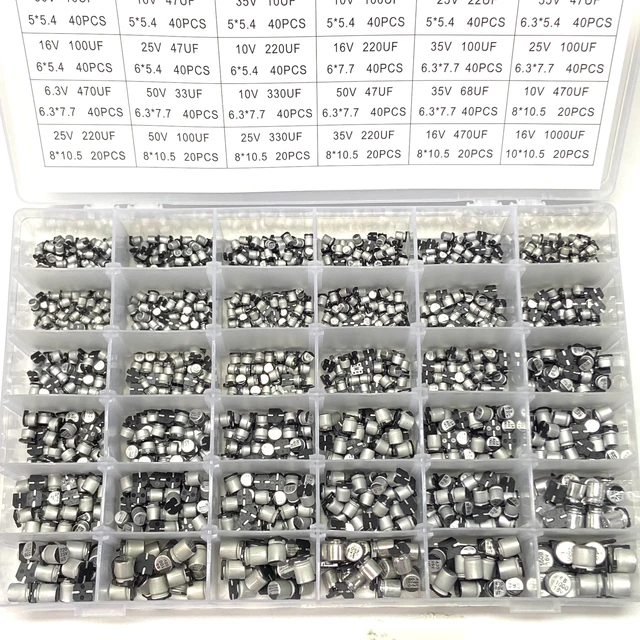 1500 szt. SMD Chip aluminiowe kondensatory elektrolityczne pudełko na próbki 36 wartości Chip aluminiowe kondensatory elektrolityczne 1UF ~ 1000UF 4V-60V