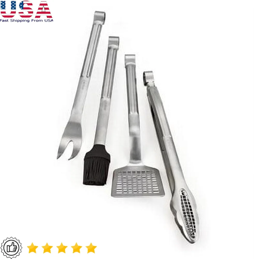 

4 Piece BBQ Tool Set Grilling Accessories Stainless Steel Utensils Outdoor Cooking Tools Easy Clean Durable Ideal Backyard