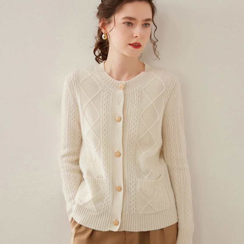 

YSC2024 new women's classic Australian pure wool collar knitted cardigan long sleeved casual high-quality knitted sweater