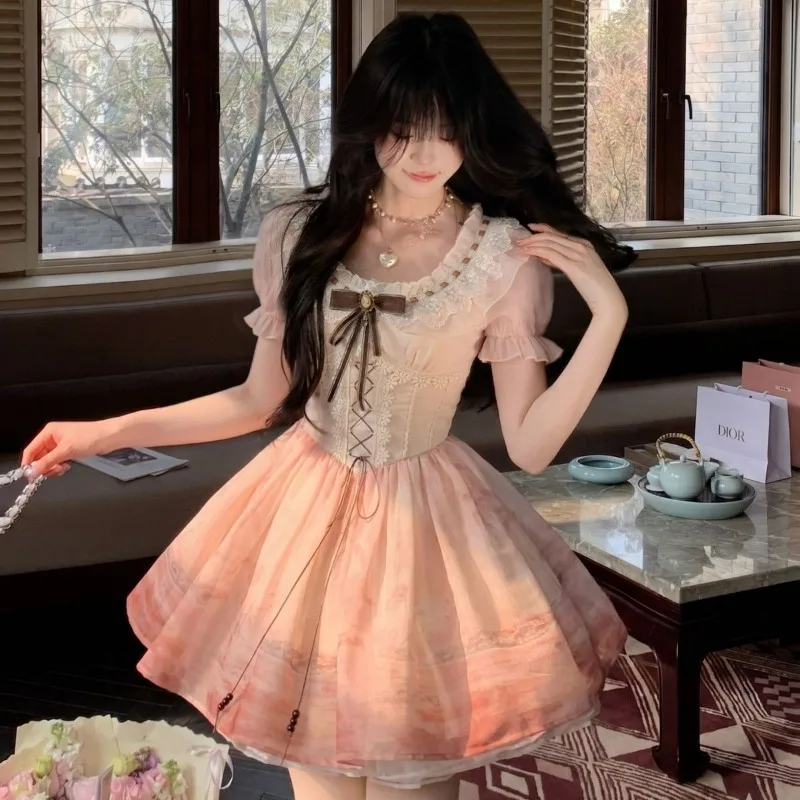 Sweet Gradient Gradient Dyeing Original Waist A-line Puffy Princess Dress Short-sleeved Dress Fashionable and Cute for Summer