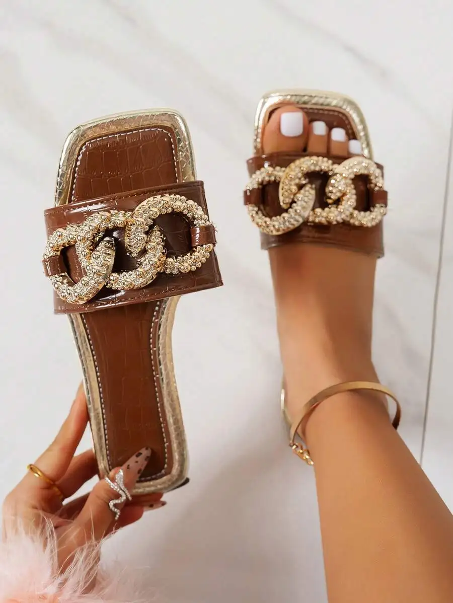 Summer Fashion Gold Chain Women Flat Sandals, Comfortable Casual Open-Toe Slippers Suitable For Outdoor, Beach, Party