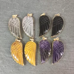 Crystal Carved Wing Pendant, Gemstone Angel Wing Jewelry, Stone Wing Charm, Amethyst Obsidian Healing Quartz Necklace Charms
