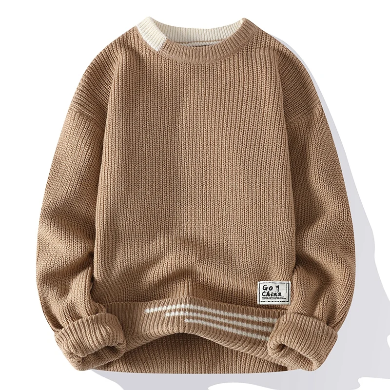

New Autumn Winter Korean Knit Pullovers Men Fashion Knitted Sweater Mens O-Neck Patchwork Casual Knitwear Slim Pullover Sweaters