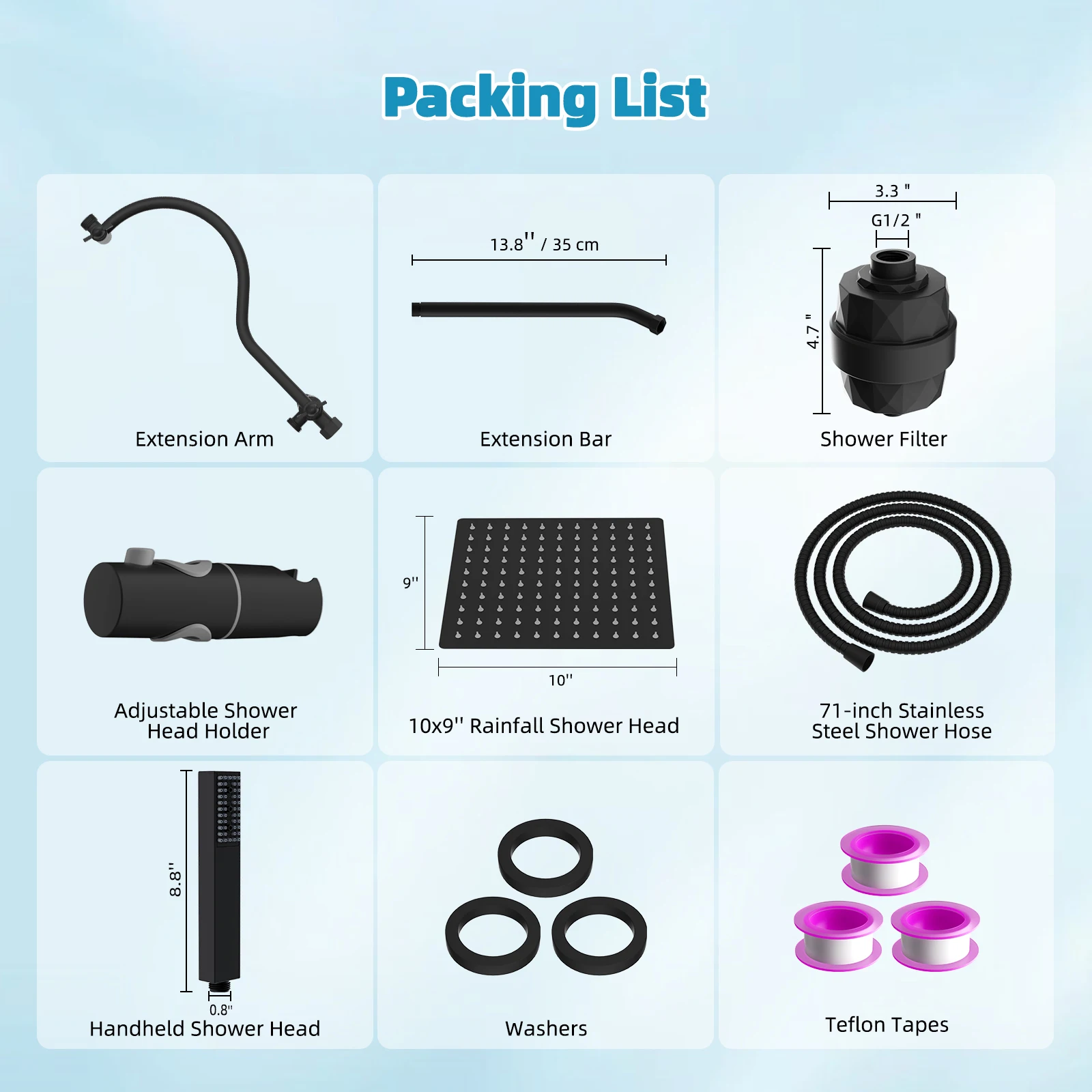 10'' Filtered Rainfall Shower Head, High Pressure Showerhead combo with 4-mode Handheld Spray, 12'' Extension Arm