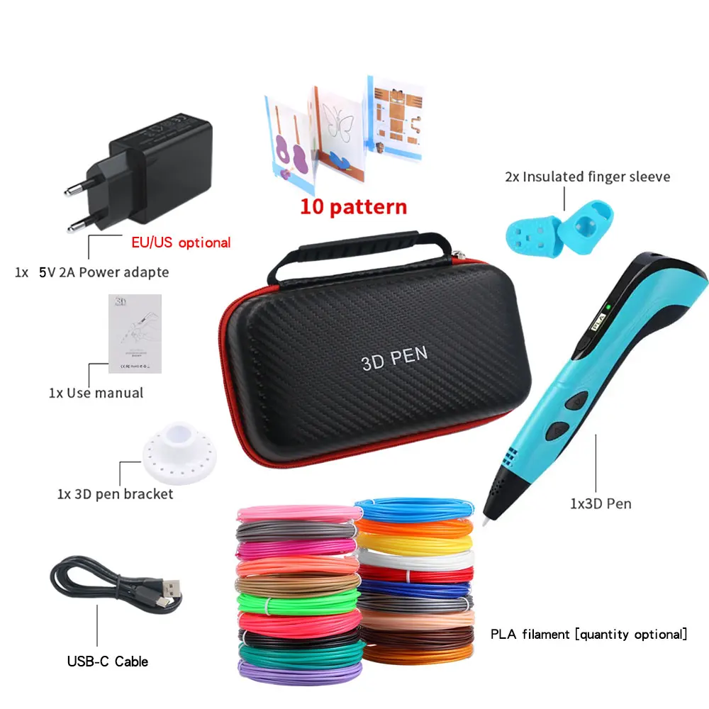 3D Printing Pen Set with 200M PLA Filament Portable Travel Storage Box Power Adapter Children Birthday Christmas Creative Gift