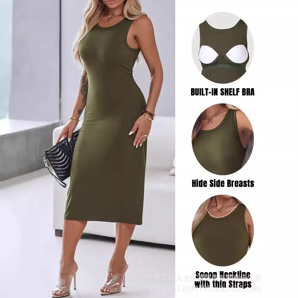 Sleeveless Built-in Bra Ribbed Mid-Calf Bodycon Tank Dress Women Slim Solid Color Long Dress Sexy O Neck