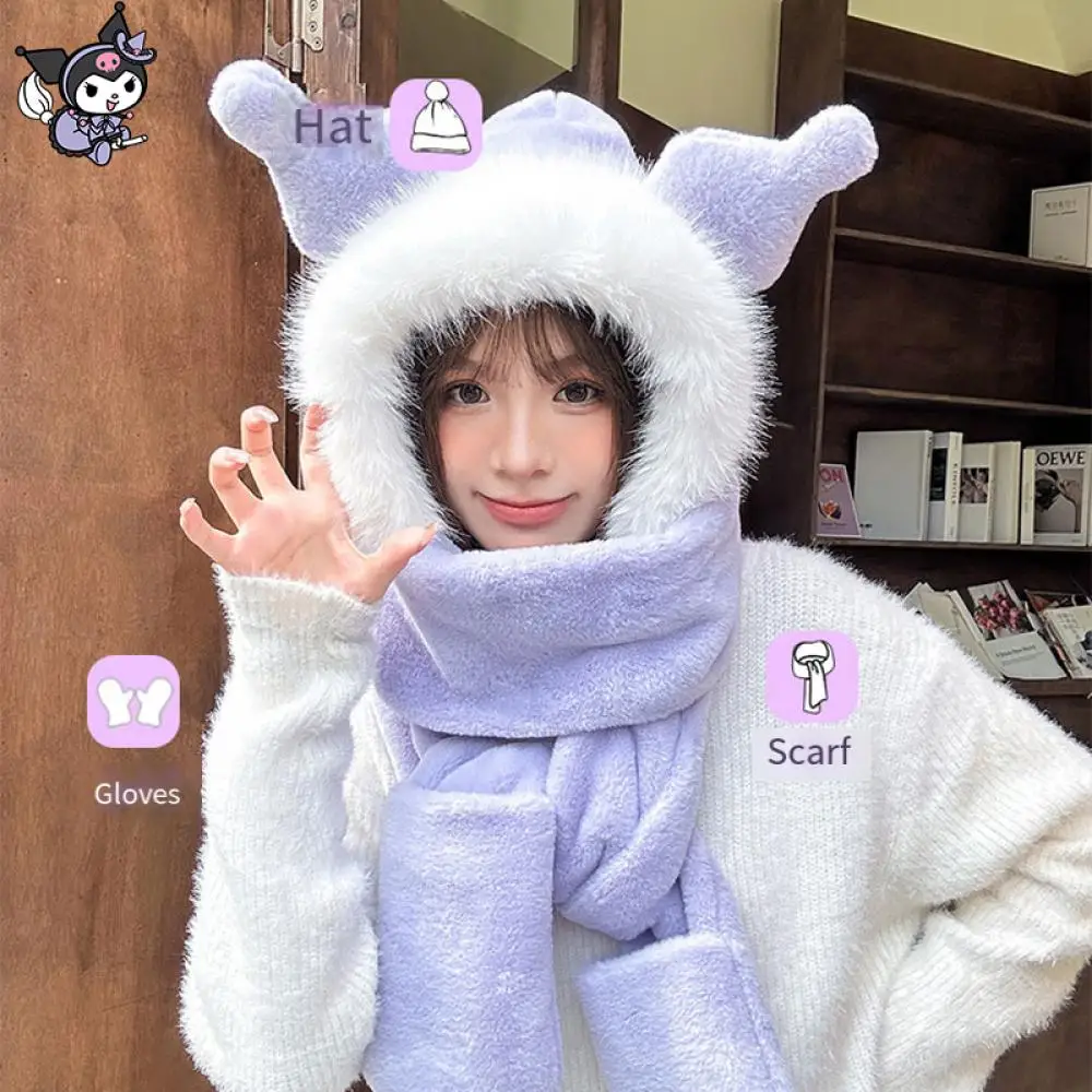 Cartoon Sanrioed Kuromi Plush Hat Scarf Gloves Anime Kawaii Winter Thicken Keep Warm Soft Cute Sweet Girl Student Festival Gift