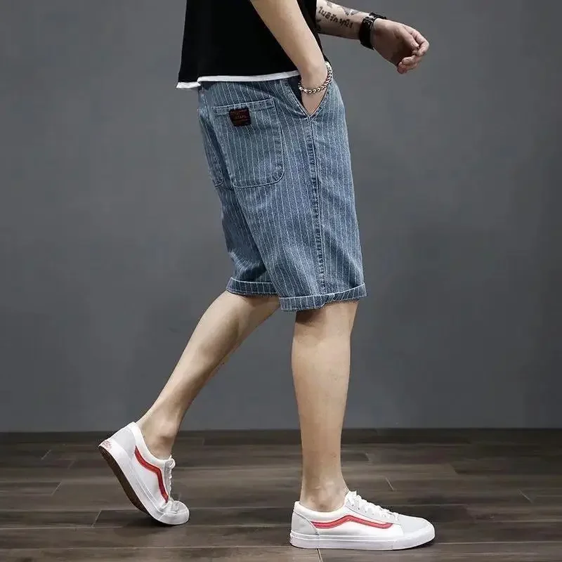 Short Jeans Pants for Men Striped Drawstring Big Size Oversize Man Denim Shorts Korean Fashion Cowboy Buttons Y2k Xxxl Blue Xl