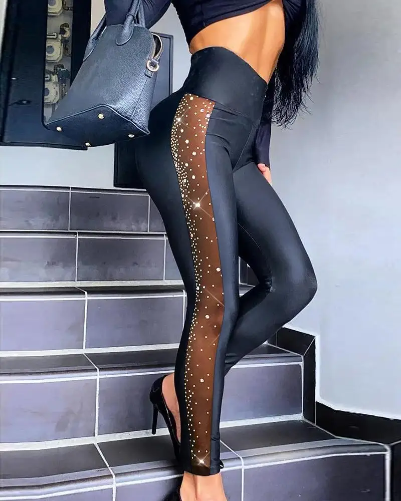 Rhinestone Contrast Mesh High Waist Skinny Pants Women Sexy Slim Pencil Pants Ankle Length Leggings