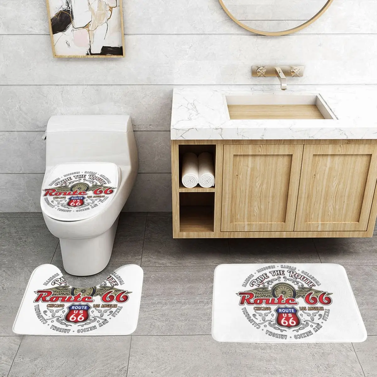 Custom Motorcycle Ride Route 66 3 Pieces Bathroom Rugs US Numbered Highways   Non-Slip Absorbent Toilet Bath Mat Set