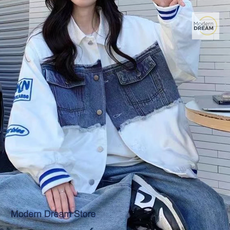 

American style loose denim jacket top women's autumn and winter new fashion high-grade stitching tooling baseball uniform