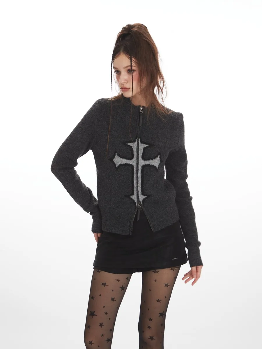 Suéteres Cardican con cremallera cruzada bordada, abrigos, ropa de invierno de punto gótica, prendas de punto holgadas para mujeres y niñas, señoras de oficina