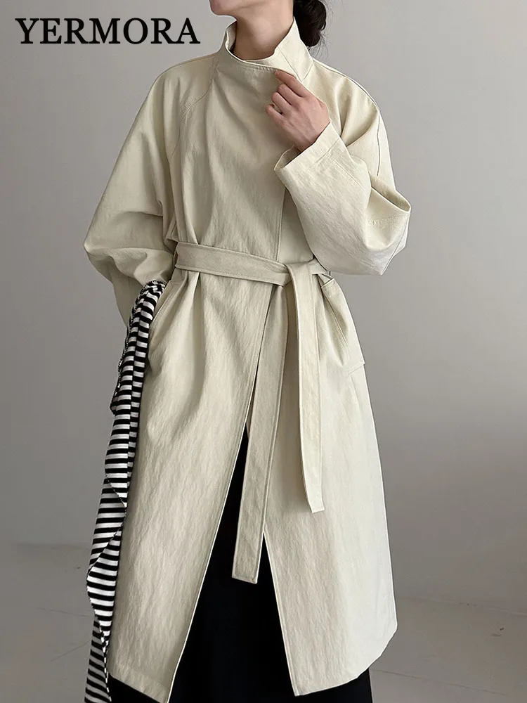 

YERMORA Apricot Slingle Button Belt Trench Coat Stand Collar Long Loose New Womne's Windbreaker Fashion Tide Spring Autumn 2025
