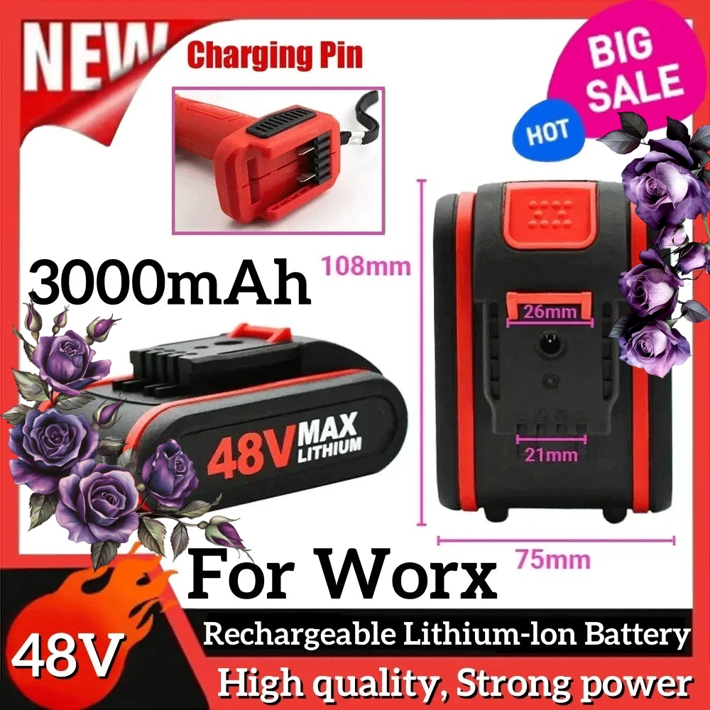 

Lithium Ion 48V Rechargeable Battery Worx Battery,Replace 21VF 48VF 88VF Impact Drill Electric Drill Scissor Chainsaw Power Tool